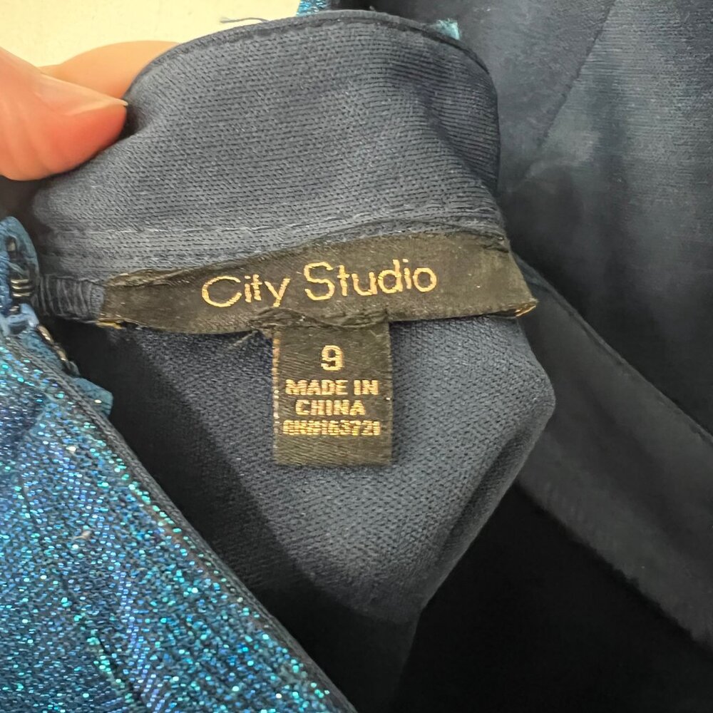 City Studio Turquoise Glitter Fit & Flare Dress Blue Padded Bust‎ Pockets 9 - Picture 3 of 4